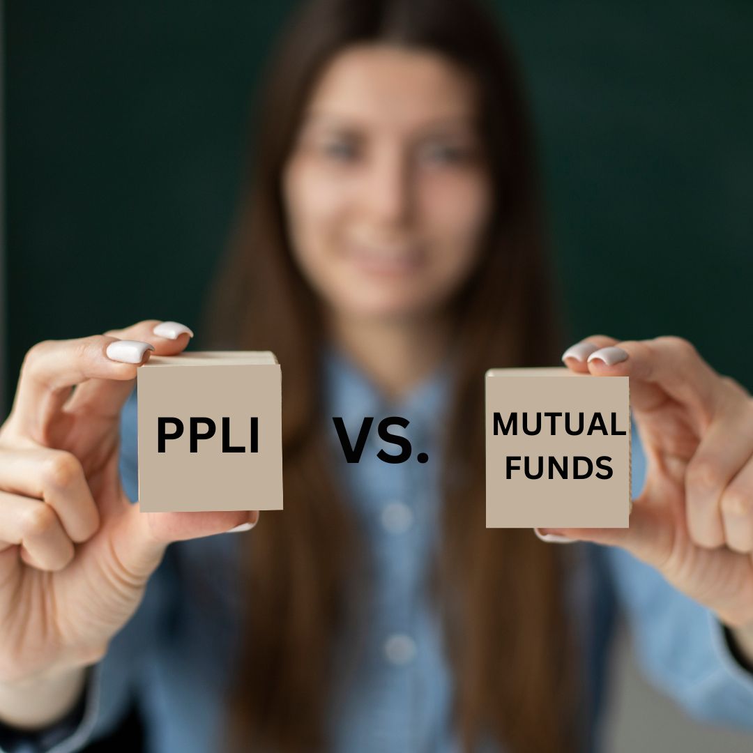 A woman holding two beige blocks, one labeled 'PPLI' and the other 'Mutual Funds,' with 'vs.' in between, symbolizing a comparison between Private Placement Life Insurance (PPLI) and mutual funds for high-net-worth individuals.