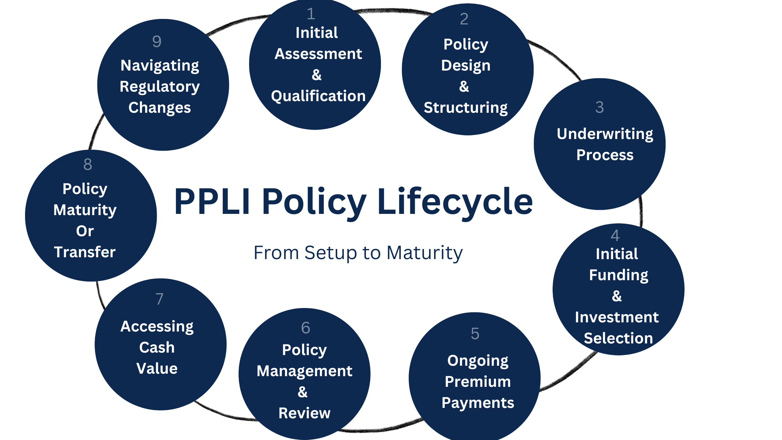 This image highlights the 9 sets in the lifecycle of a PPLI policy from setup to maturity 1.Initial Assessment and Qualification 2.Policy Design and Structuring 3. Underwriting Process 4.Initial Funding and Investment Selection 5.Ongoing Premium Payments 6. Policy Management and Review 7. Accessing Cash Value 8. Policy Maturity or Transfer 9. Navigating Regulatory Changes